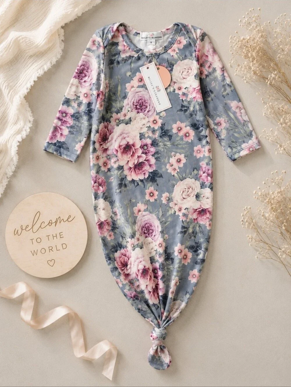 Bailey's Blossoms NWT 0-3M Floral Knotted Newborn Gown Rose Baby Girl